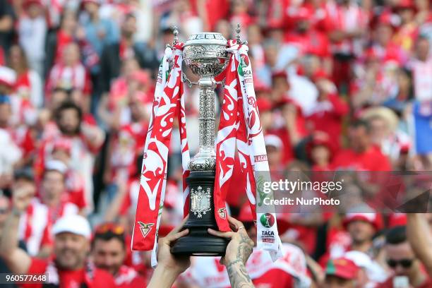 Aves' players celebrate with their trophy after winning the Portugal Cup Final football match CD Aves vs Sporting CP at the Jamor stadium in Oeiras,...