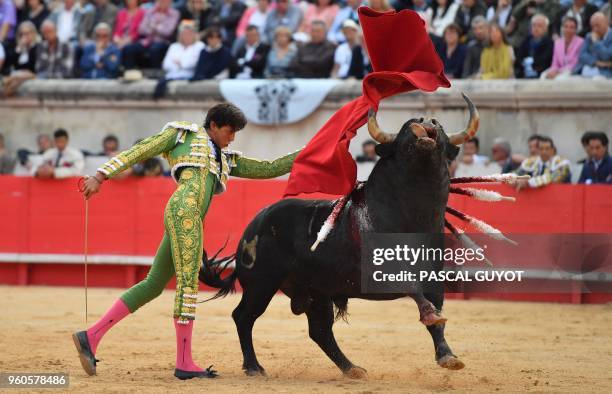 Peruvian matador Andres Roca Rey makes a muleta pass on a Nunez Del Cuvillo fighting bull on May 20, 2018 during the Nimes Pentecost Feria, southern...