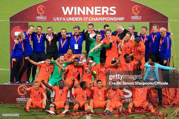 Netherlands players celebrate with the trophy after winning the UEFA European Under-17 Championship Final match between Italy and Netherlands at the...