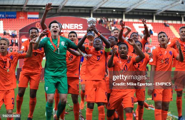 Netherlands U17's captain Daishawn Redan lifts the trophy Italy v Netherlands - UEFA European U17 Championship - Final - AESSEAL New York Stadium .