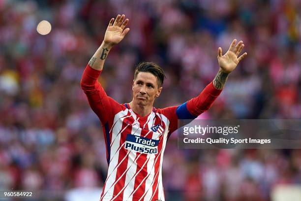Fernando Torres of Atletico de Madrid reacts during his farewell ceremony after the La Liga match between Atletico Madrid and Eibar at Wanda...