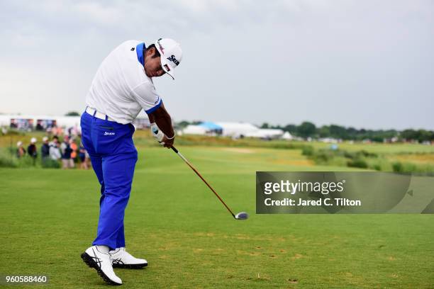 Hideki Matsuyama of Japan plays his tee shot on the third hole during the final round of the AT&T Byron Nelson at Trinity Forest Golf Club on May 20,...