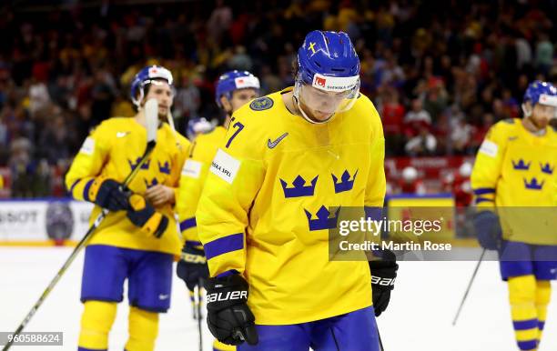 Rickard Rakell of Sweden reacts during the 2018 IIHF Ice Hockey World Championship Gold Medal Game game between Sweden and Switzerland at Royal Arena...