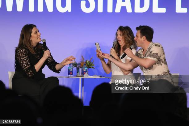 Michelle Collins, Erin Gibson, and Bryan Safi speak onstage during "Throwing Shade Live" on Day Two of the Vulture Festival Presented By AT&T at Milk...