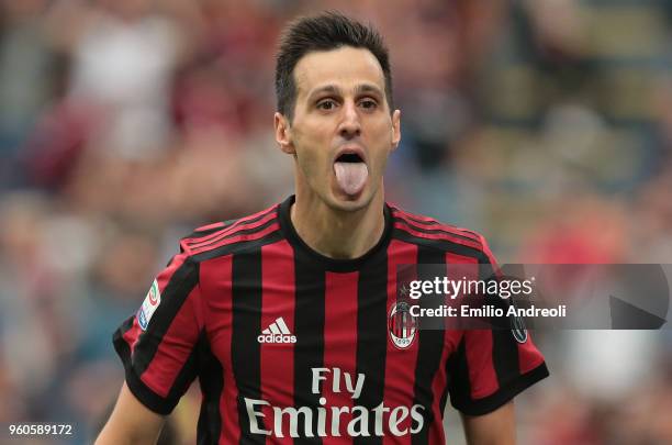 Nikola Kalinic of AC Milan celebrates his goal during the serie A match between AC Milan and ACF Fiorentina at Stadio Giuseppe Meazza on May 20, 2018...