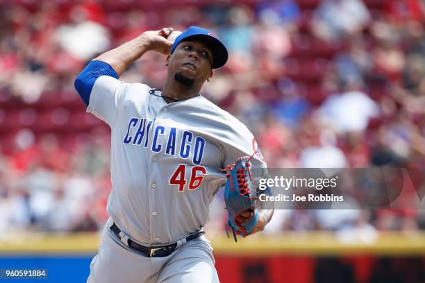 Pedro Strop of the Chicago Cubs pitches in the seventh inning against the Cincinnati Reds at Great American Ball Park on May 20, 2018 in Cincinnati,...