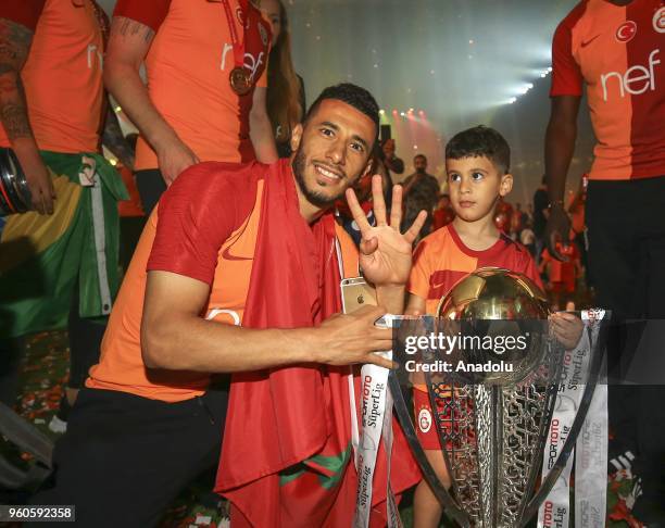 Galatasaray's player Younes Belhanda celebrates the 21st Turkish Super League championship title at Turk Telekom Stadium in Istanbul, Turkey on May...