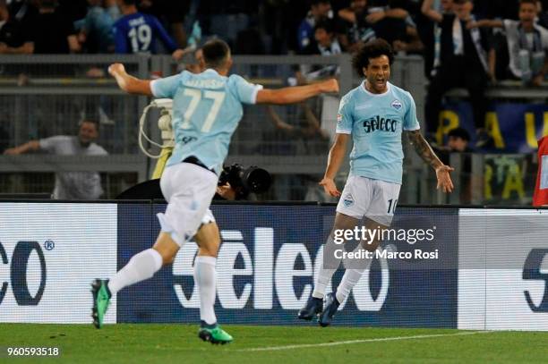 Felipe Anderson of SS Lazio celebrates a second goal during the serie A match between SS Lazio and FC Internazionale at Stadio Olimpico on May 20,...