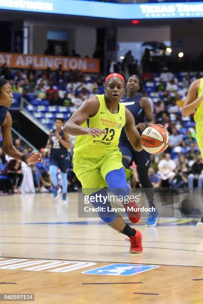 Karima Christmas-Kelly of the Dallas Wings handles the ball against the Atlanta Dream on May 20, 2018 at College Park Center in Arlington, Texas....