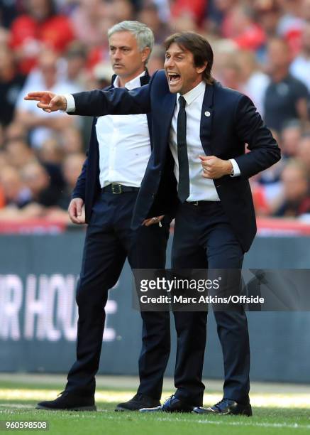 Antonio Conte manager of Chelsea alongside Jose Mourinho manager of Manchester United during The Emirates FA Cup Final between Chelsea and Manchester...