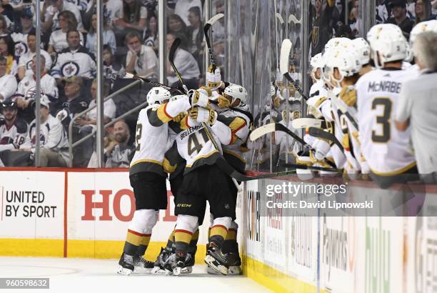 Ryan Reaves of the Vegas Golden Knights celebrates with teammates after scoring a second period goal against the Winnipeg Jets in Game Five of the...