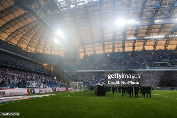 Policemen during Playoff Polish League football match between Lech Poznan and Legia Warsaw at Miejski Stadium in Poznan, Poland on May 20, 2018