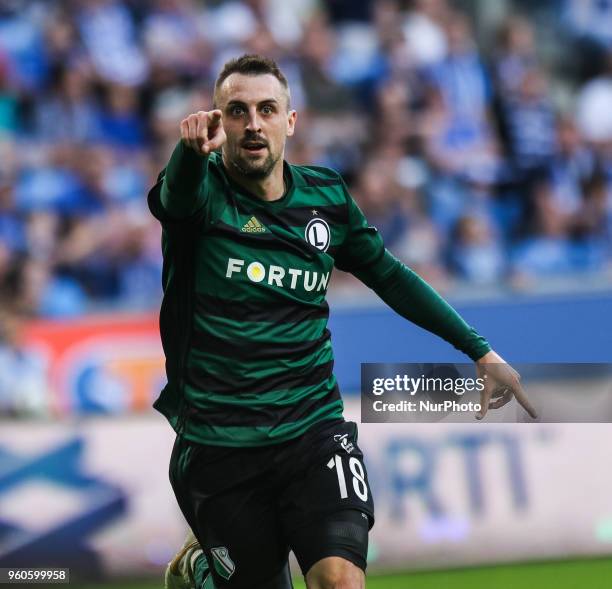 Michal Kucharczyk celebrates a goal during Playoff Polish League football match between Lech Poznan and Legia Warsaw at Miejski Stadium in Poznan,...