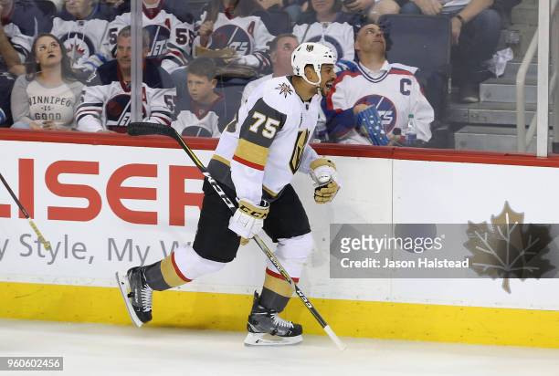 Ryan Reaves of the Vegas Golden Knights celebrates after scoring a second period goal against the Winnipeg Jets in Game Five of the Western...