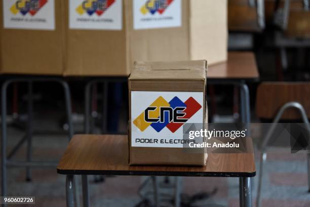 Ballot box stands at an empty polling station during the presidential elections in Caracas on May 20, 2018