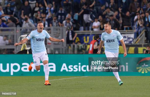 Adam Marusic celebrates after scoring a goal 1-0 during the Italian Serie A football match between S.S. Lazio and F.C. Inter at the Olympic Stadium...