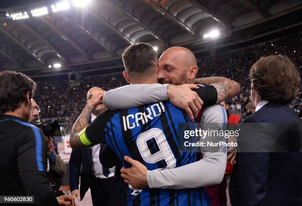 Mauro Icardi celebrates the victory after the Italian Serie A football match between S.S. Lazio and F.C. Inter at the Olympic Stadium in Rome, on may...