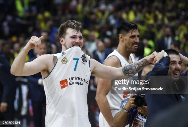 Luka Doncic and Gustavo Ayon of Real Madrid celebrate victory after the Turkish Airlines Euroleague Final Four Belgrade 2018 Final match between Real...