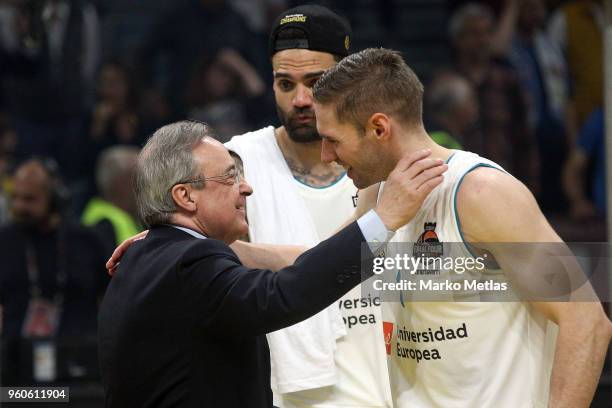 Florentino Perez president of Real Madrid football club congratulates Fabien Causeur, #1 of Real Madrid during the 2018 Turkish Airlines EuroLeague...