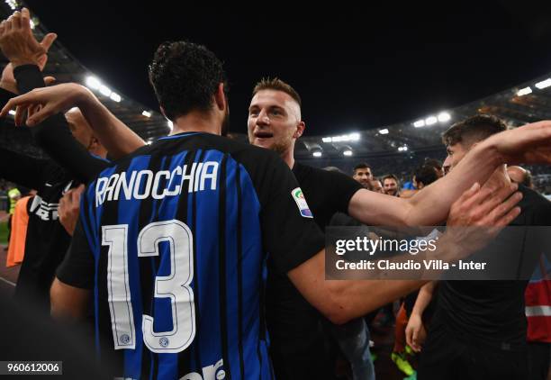 Andrea Ranocchia and Milan Skriniar of FC Internazionale celebrate the victory and the qualification for the Champions League during the serie A...