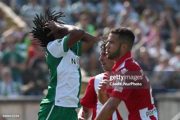 Sporting's forward Gelson Martins from Portugal reacts during the Portugal Cup Final football match CD Aves vs Sporting CP at the Jamor stadium in...