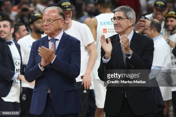 Dusan Ivkovic basketbakll coach and Jordi Bertomeu CEO of Euroleague during the 2018 Turkish Airlines EuroLeague F4 Champion Trophy Ceremony at Stark...