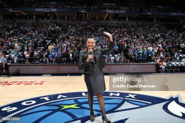 Lisa Borders, President of the WNBA makes an announcement before the 2017 WNBA Championship Ring Ceremony on May 20, 2018 at Target Center in...