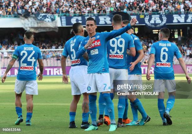 Napoli's Spanish striker Jose Maria Callejon celebrates with teammates after scoring a goal during the Italian Serie A football match SSC Napoli vs...