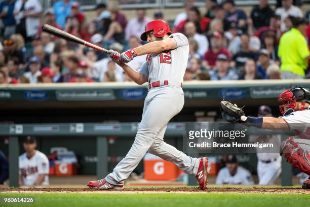 Paul DeJong of the St. Louis Cardinals bats against the Minnesota Twins on May 15, 2018 at Target Field in Minneapolis, Minnesota. The Twins defeated...