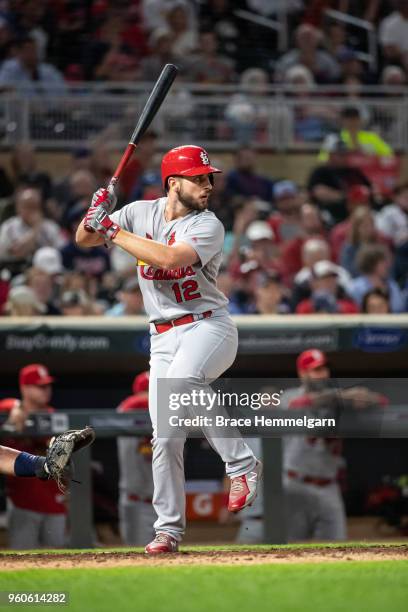 Paul DeJong of the St. Louis Cardinals bats against the Minnesota Twins on May 15, 2018 at Target Field in Minneapolis, Minnesota. The Twins defeated...