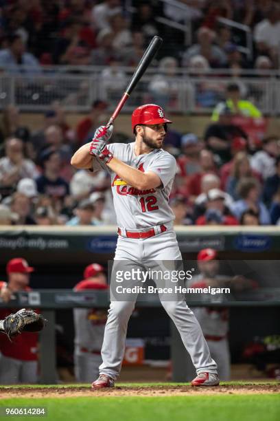 Paul DeJong of the St. Louis Cardinals bats against the Minnesota Twins on May 15, 2018 at Target Field in Minneapolis, Minnesota. The Twins defeated...