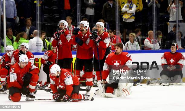 The team of Switzerland looks dejected after the 2018 IIHF Ice Hockey World Championship Gold Medal Game game between Sweden and Switzerland at Royal...