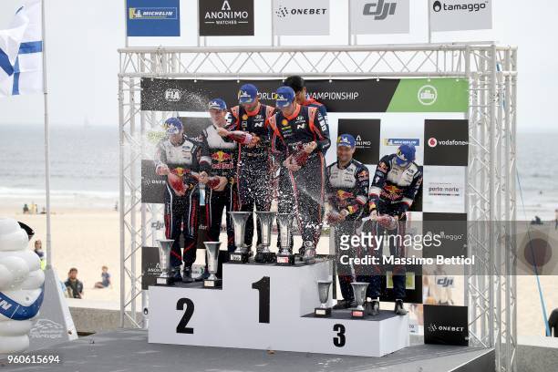 Thierry Neuville of Belgium and Nicolas Gilsoul of Belgium celebrate their victory during Day Four of the WRC Portugal on May 20, 2018 in Fafe,...