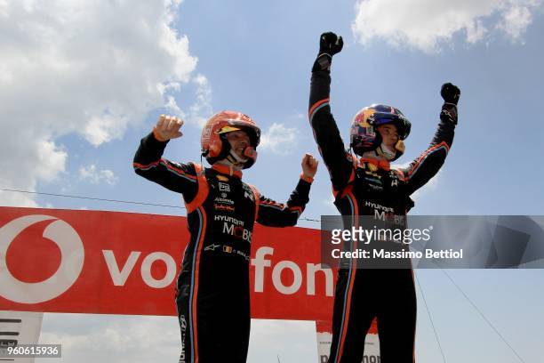 Thierry Neuville of Belgium and Nicolas Gilsoul of Belgium celebrate their victory during Day Four of the WRC Portugal on May 20, 2018 in Fafe,...