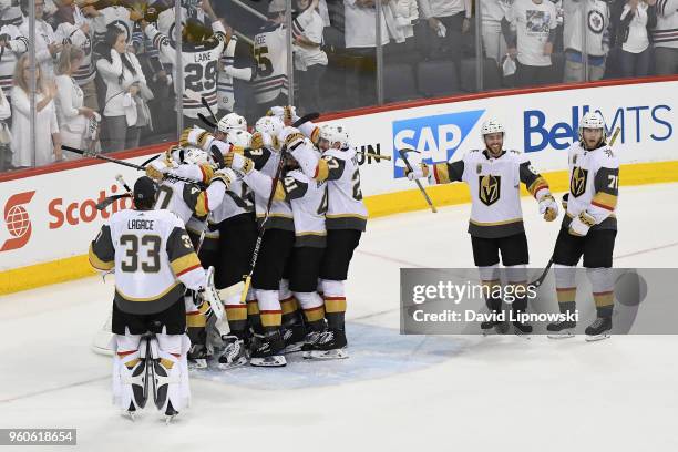 The Vegas Golden Knights celebrate defeating the Winnipeg Jets 2-1 in Game Five of the Western Conference Finals to advance to the 2018 NHL Stanley...