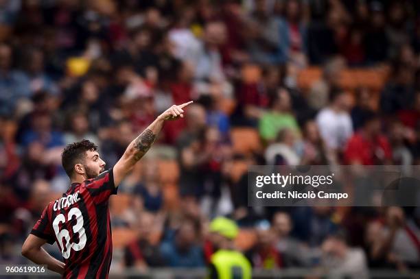 Patrick Cutrone of AC Milan celebrates after scoring a goal during the Serie A football match between AC Milan and ACF Fiorentina. AC Milan won 5-1...