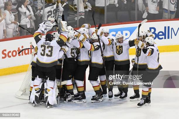 The Vegas Golden Knights celebrate defeating the Winnipeg Jets 2-1 in Game Five of the Western Conference Finals to advance to the 2018 NHL Stanley...