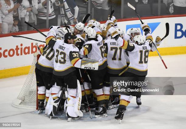 The Vegas Golden Knights celebrate defeating the Winnipeg Jets 2-1 in Game Five of the Western Conference Finals to advance to the 2018 NHL Stanley...