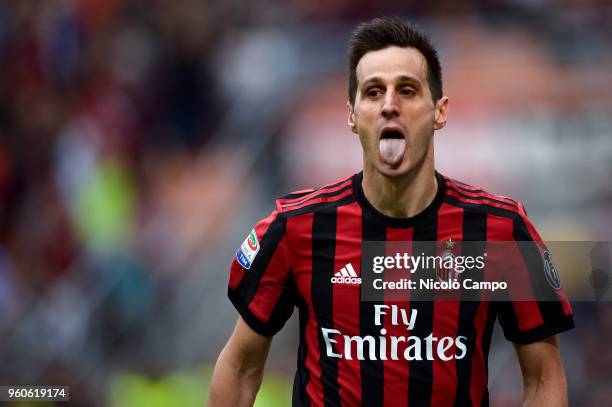 Nikola Kalinic of AC Milan celebrates after scoring a goal during the Serie A football match between AC Milan and ACF Fiorentina. AC Milan won 5-1...