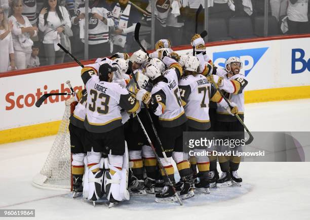 The Vegas Golden Knights celebrate defeating the Winnipeg Jets 2-1 in Game Five of the Western Conference Finals to advance to the 2018 NHL Stanley...