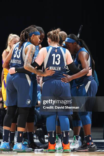 Minnesota Lynx huddle during the game against the Los Angeles Sparks on May 20, 2018 at Target Center in Minneapolis, Minnesota. NOTE TO USER: User...