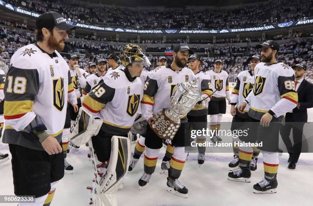 Deryk Engelland of the Vegas Golden Knights celebrates with the Clarence S. Campbell Bowl after defeating the Winnipeg Jets 2-1 in Game Five of the...