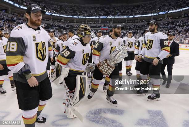 Deryk Engelland of the Vegas Golden Knights celebrates with the Clarence S. Campbell Bowl after defeating the Winnipeg Jets 2-1 in Game Five of the...