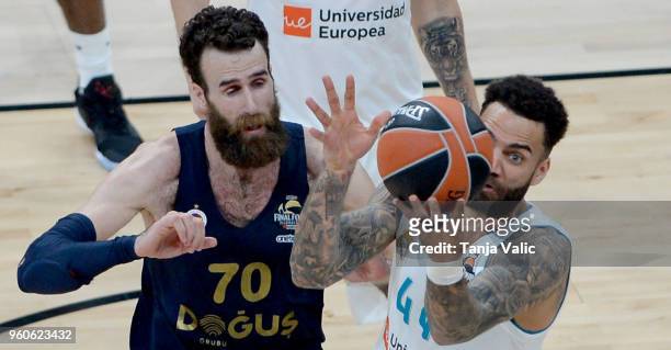 Luigi Datome, #70 of Fenerbahce Dogus Istanbul competes with Jeffery Taylor, #44 of Real Madrid during the 2018 Turkish Airlines EuroLeague F4...