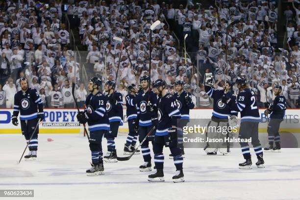The Winnipeg Jets acknowledge fans after being defeated by the Vegas Golden Knights 2-1 in Game Five of the Western Conference Finals during the 2018...