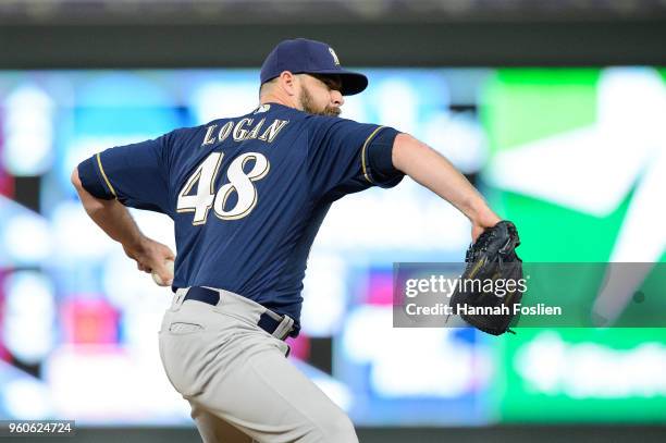 Boone Logan of the Milwaukee Brewers delivers a pitch against the Minnesota Twins during the interleague game on May 18, 2018 at Target Field in...