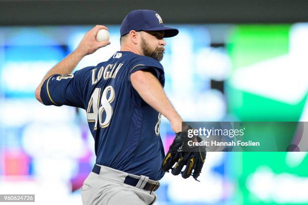 Boone Logan of the Milwaukee Brewers delivers a pitch against the Minnesota Twins during the interleague game on May 18, 2018 at Target Field in...