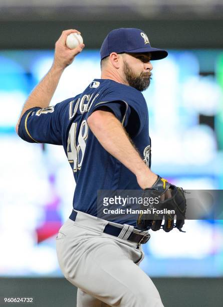 Boone Logan of the Milwaukee Brewers delivers a pitch against the Minnesota Twins during the interleague game on May 18, 2018 at Target Field in...