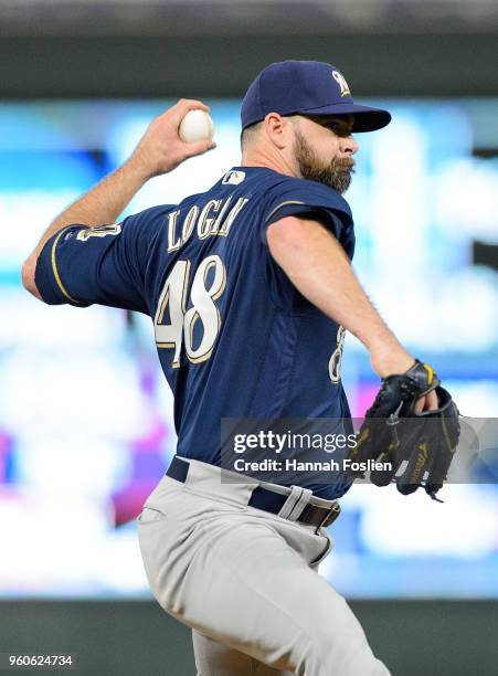 Boone Logan of the Milwaukee Brewers delivers a pitch against the Minnesota Twins during the interleague game on May 18, 2018 at Target Field in...