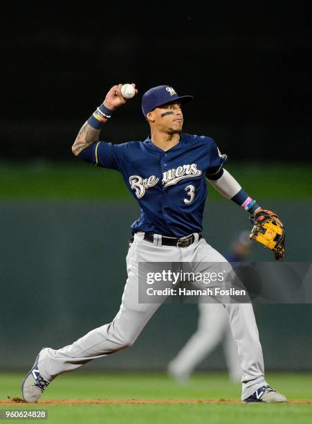 Orlando Arcia of the Milwaukee Brewers makes a play at shortstop against the Minnesota Twins during the interleague game on May 18, 2018 at Target...